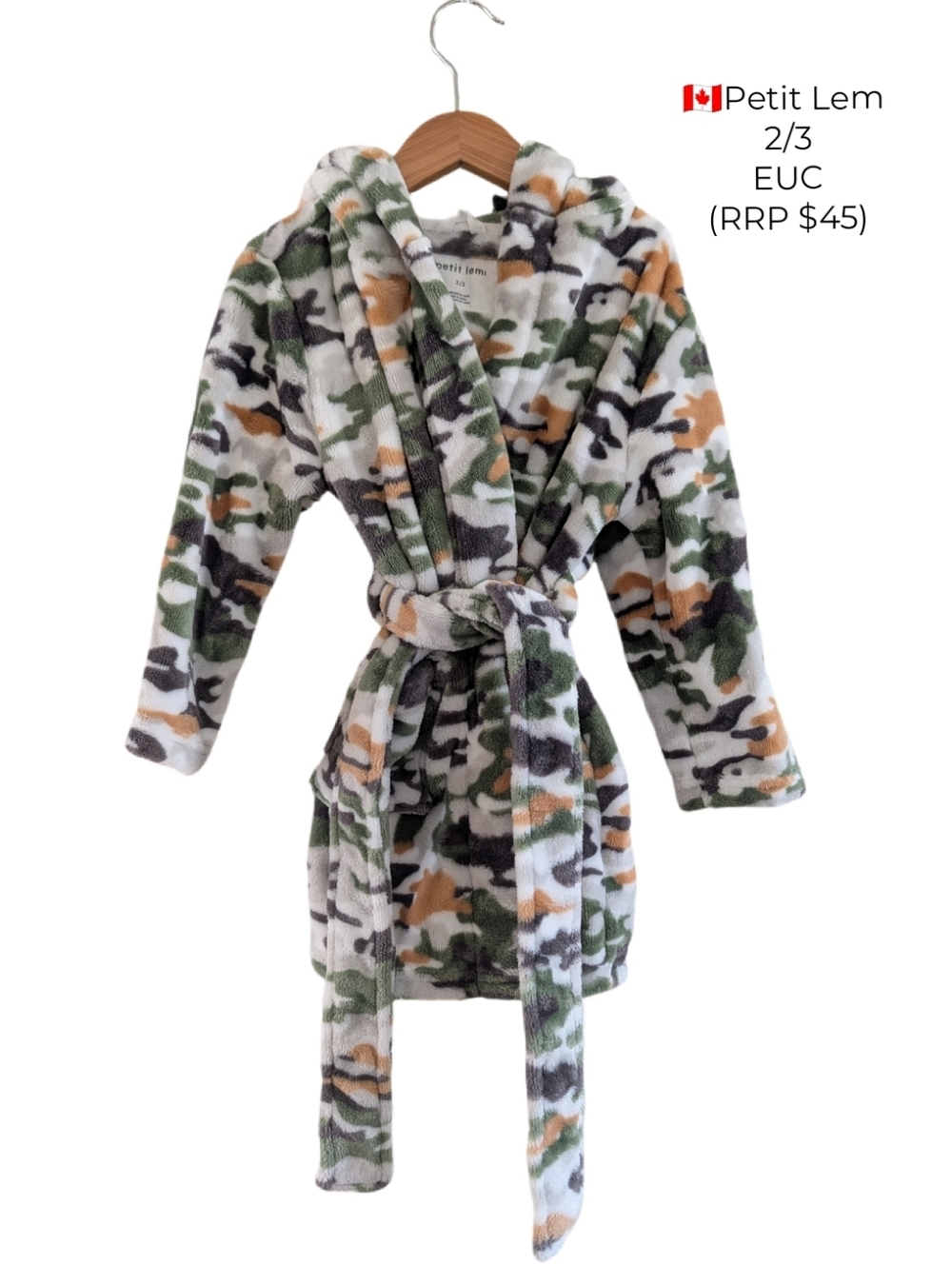 Petit Lem Camouflage Hooded Plush Robe in Green, White, Tan